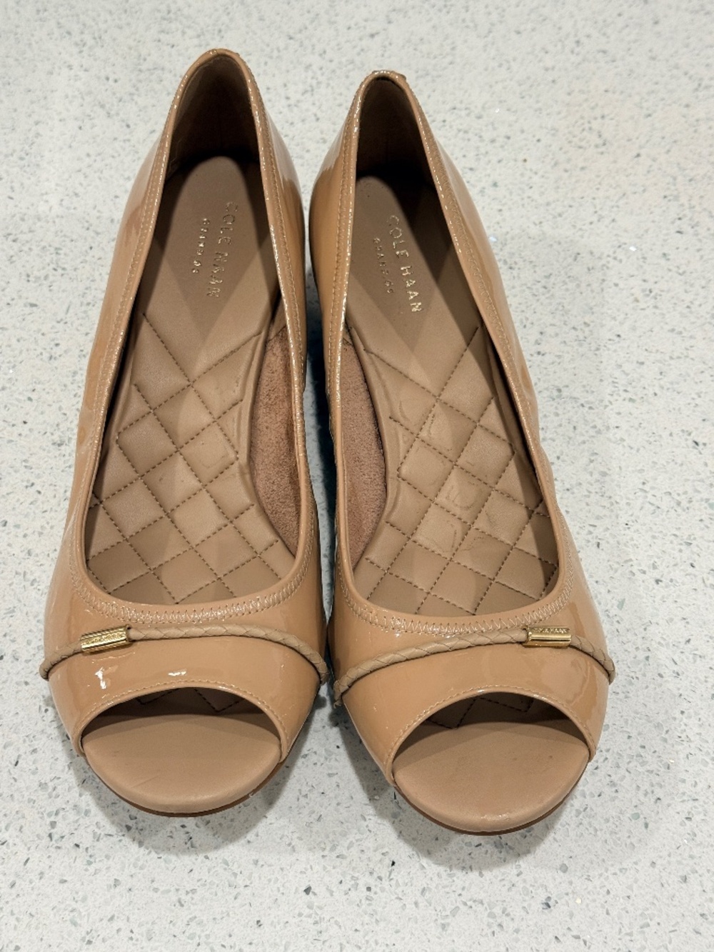 Gently Used Vintage Cole Haan Emory II Wedge Nude Patent Peep-Toe Shoes-W Sz 10